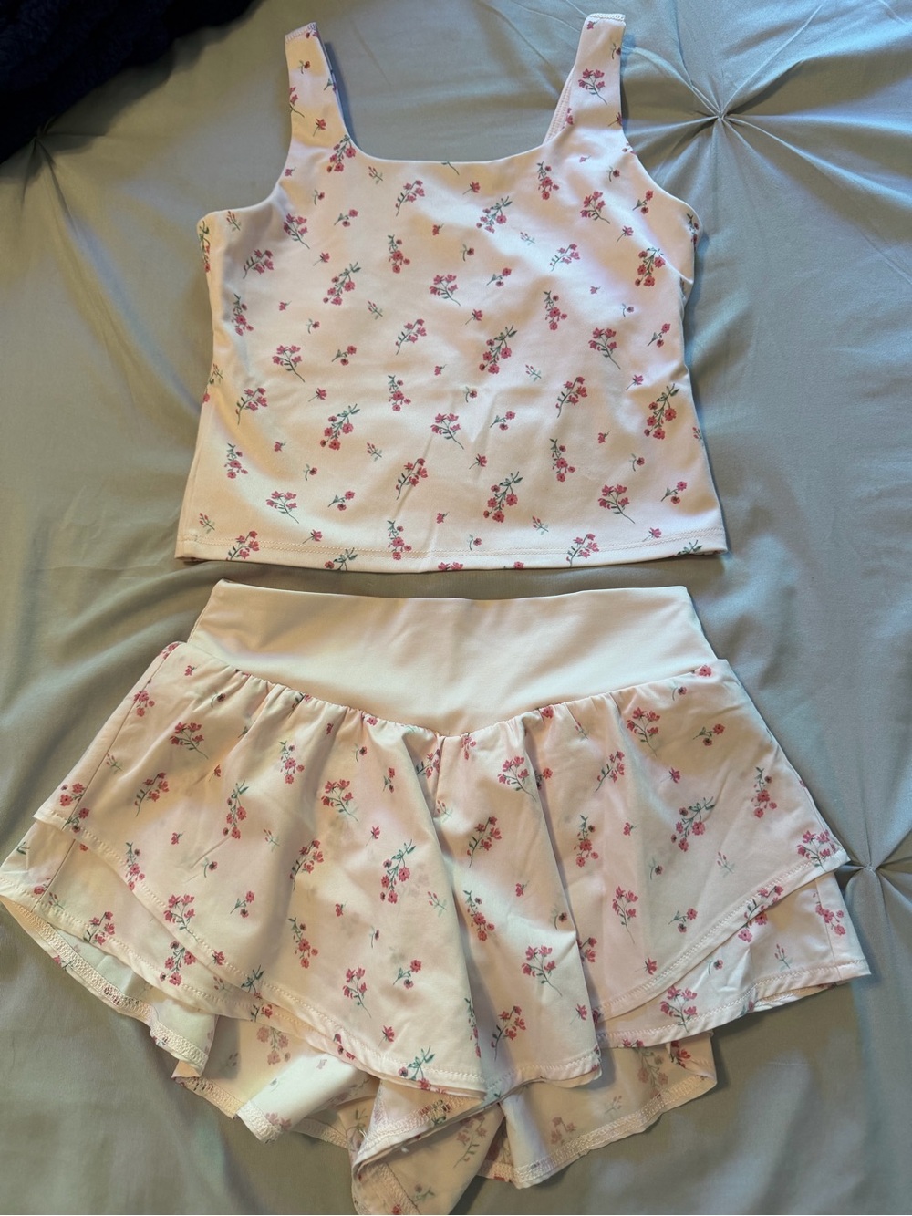 Girls Pink Floral Tank Top & Skirt-Style Shorts Set